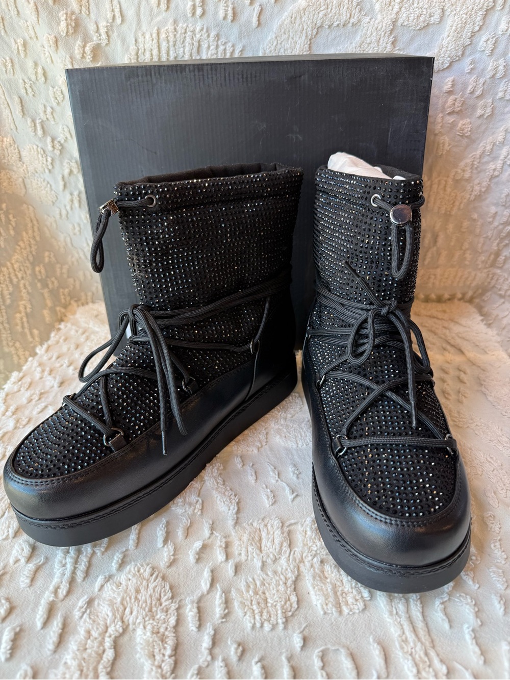 INC International Concepts Black Rhinestone Lace-Up Platform Boots #727